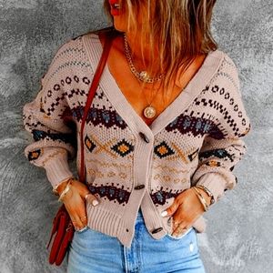 Floral Blooming Geometric V-neck Sweater Large